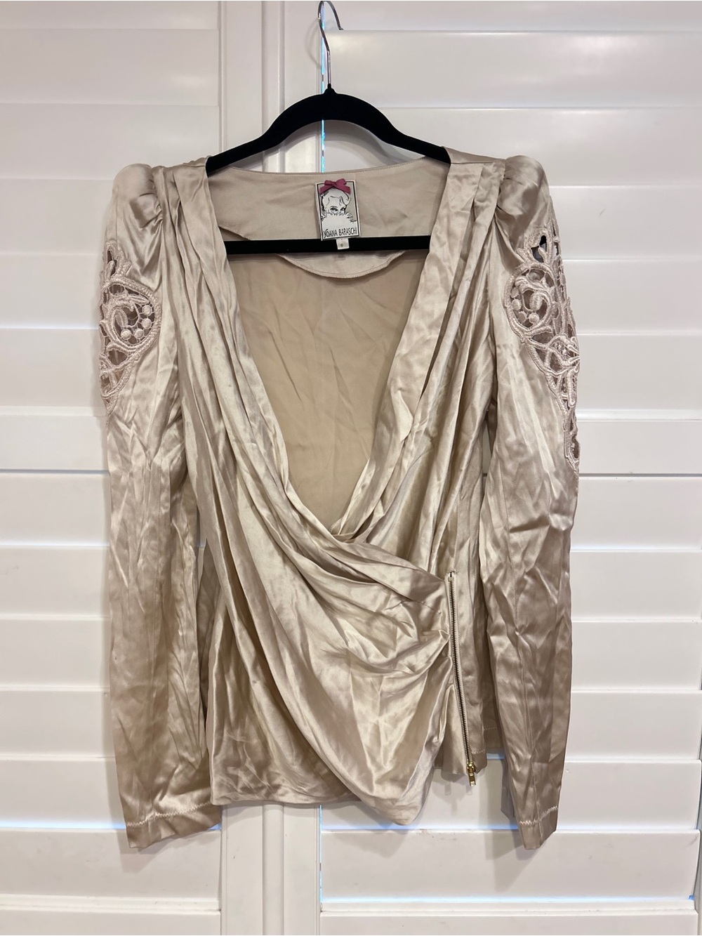 Yoana Baraschi Silk Wrap Detail Top with Zipper and Lace Detail Cream Size 6